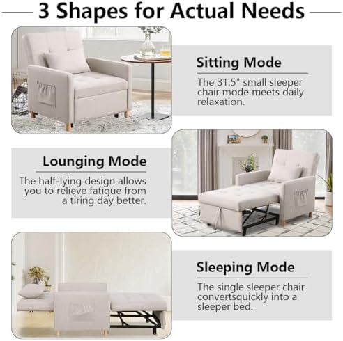 3 in 1 Convertible Sleeper Chair, Pull-Out Sofa Bed with Adjustable Backrest,...