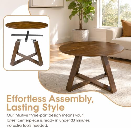 HAIOOU Round Coffee Table for Living Room with Open Storage -Walnut Wood
