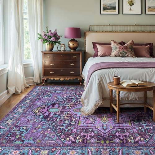 8x10 Purple and Turquoise Blue Vintage Boho Oriental Soft Washable Area Rug