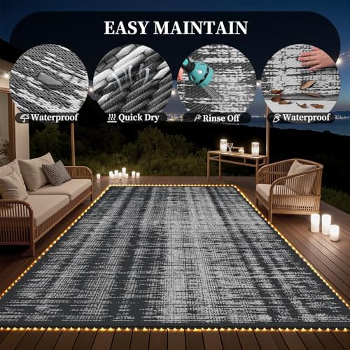 MontVoo Outdoor Rug Waterproof 6x9 ft with Strip Lights Outdoor Patio Rug Mat...
