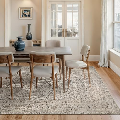 Traditional Beige & Off White Washable Area Rug with Border by Bloom Rugs