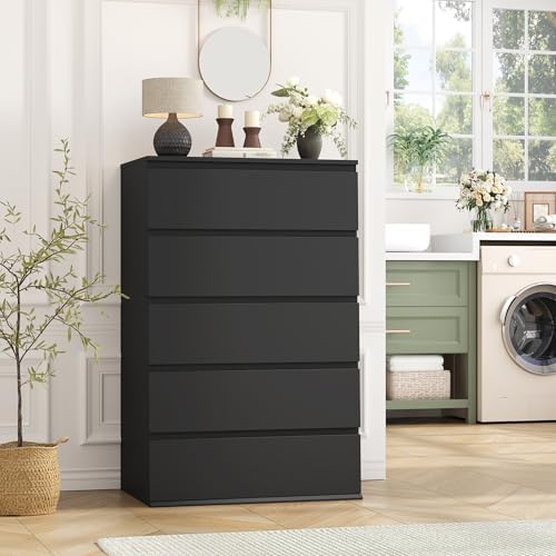 FOTOSOK Black Dresser, Dresser for Bedroom, 5 Drawer Chest of Drawers