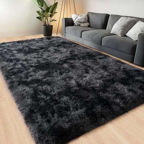 Large Area Rugs for Living Room Bedroom 8x10 Black Grey Shag Rugs