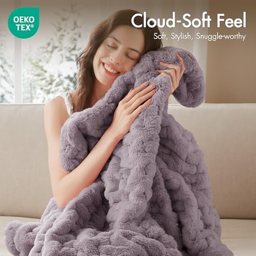 Madison Park Ruched Faux Fur Luxury Throw Lavender 50*60 Premium Soft Cozy Br...