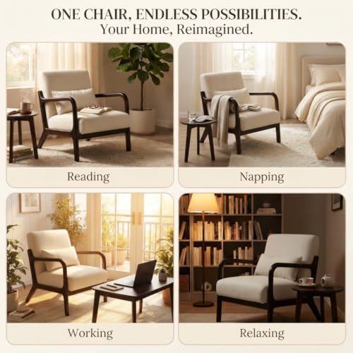 Komene Mid Century Modern Accent Armchair, Upholstered Armchair with Solid Wo...