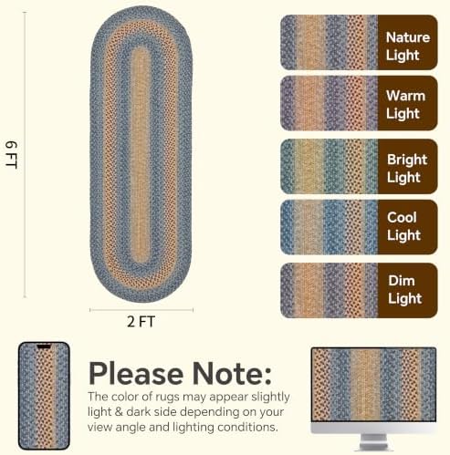 RCTJHOME 2x6 Oval Braided Runner Natural Rust Blue Farmhouse Kitchen Rug