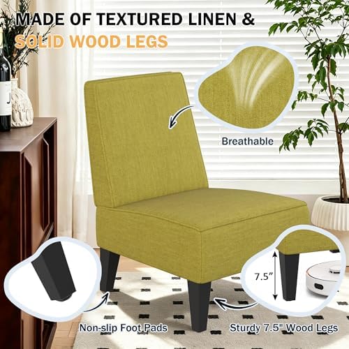 Armless Accent Chairs Set of 2, Green Upholstered Linen Slipper Chair with So...