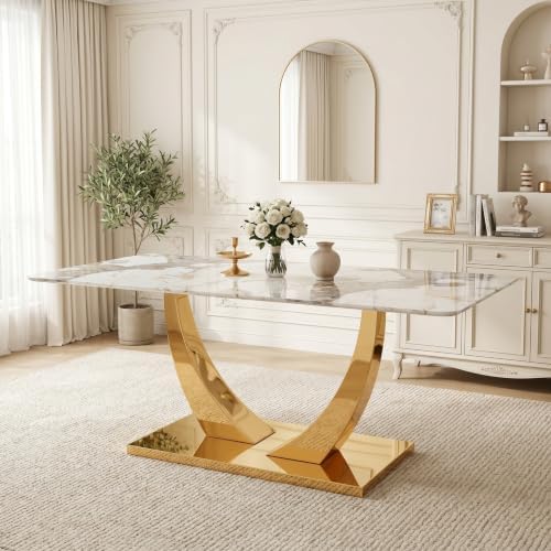 Faux Marble Dining Table, 71" Modern Dining Table, White, for 6-8