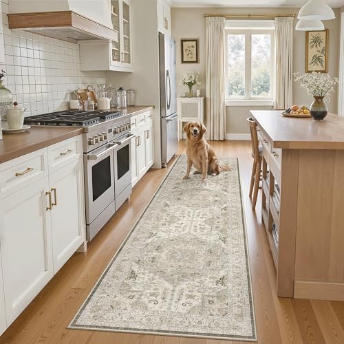 Madane Hallway Runner Rug 2x8 Washable Kitchen Rugs Non-Slip, Ivory/Brown