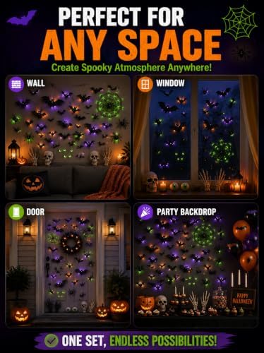 41 PCS 3D LED Halloween Bats Wall Decor with Spiders, Web & Skulls