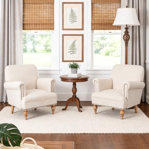 Beige Linen Fabric Accent Chair, Modern Farmhouse Upholstered Armchair with N...