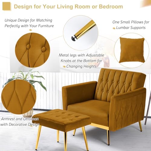 Velvet Accent Chair w/Ottoman & Adjustable Backrest, Ginger