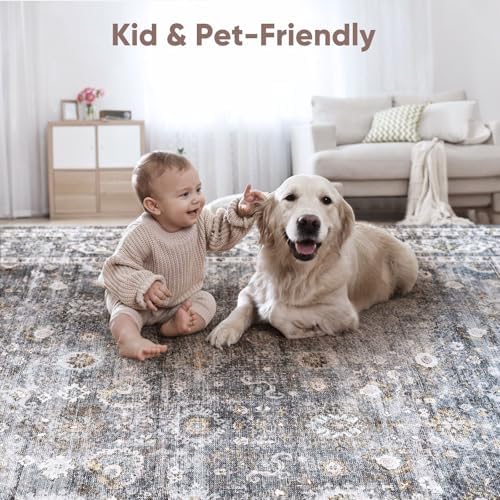 Rugcomf Large Living Room Rug 8x10 Washable Non Slip Vintage, Grey