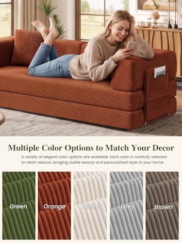 79.5" 5-in-1 Convertible Futon Sofa Bed, Boneless Corduroy, Orange