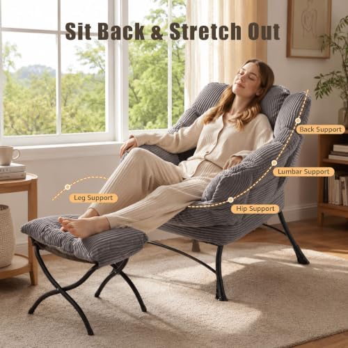 Lazy Chair with Ottoman, Modern Skinny Lounge Chair with Footrest
