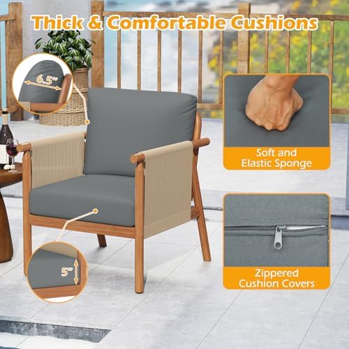 Tangkula Acacia Wood Patio Club Chair Set of 2, Boho Accent Chair with Woven ...