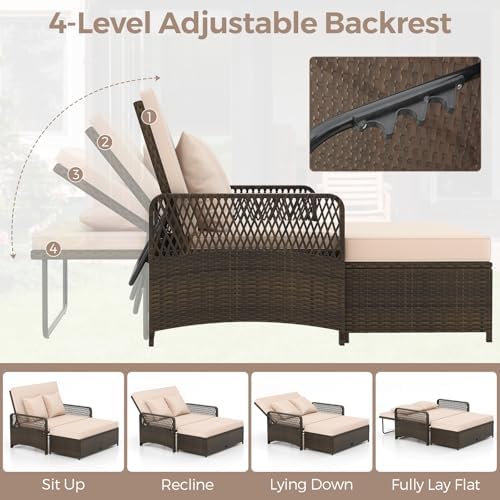 LDAILY Moccha Outdoor Daybed, PE Rattan Double Chaise Lounge w/ 4-Level Adjus...