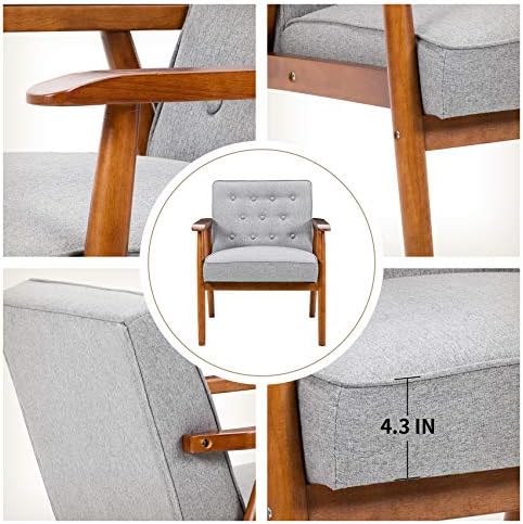 UNICOO – Leisure Chair Solid Wood Armrest Accent Chair, Fabric Upholstered Wo...