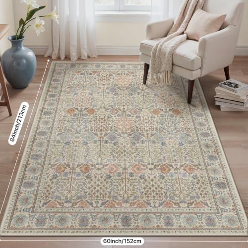 Bavni 9x12 Area Rug for Living Room, Washable Low Pile, Ivory Multicolor