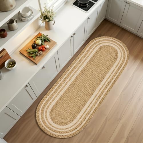 RCTJHOME 2x6 Oval Braided Runner Rug, Natural Color Farmhouse Kitchen Mat