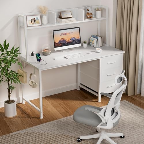 DLisiting White Computer Desk with Hutch & Drawers - 47 Inch Modern Study...