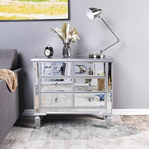 VINGLI Mirrored Dresser for Bedroom with 6 Storage Drawer Modern Chest of Dra...