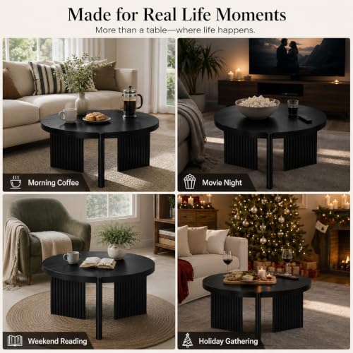 Luoxiao Round Coffee Table, 27.5" Fluted Coffee Tables for Living Room