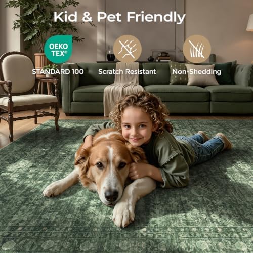 Green Area Rug 8x10 for Living Room Bedroom, Washable Non-Slip Rug