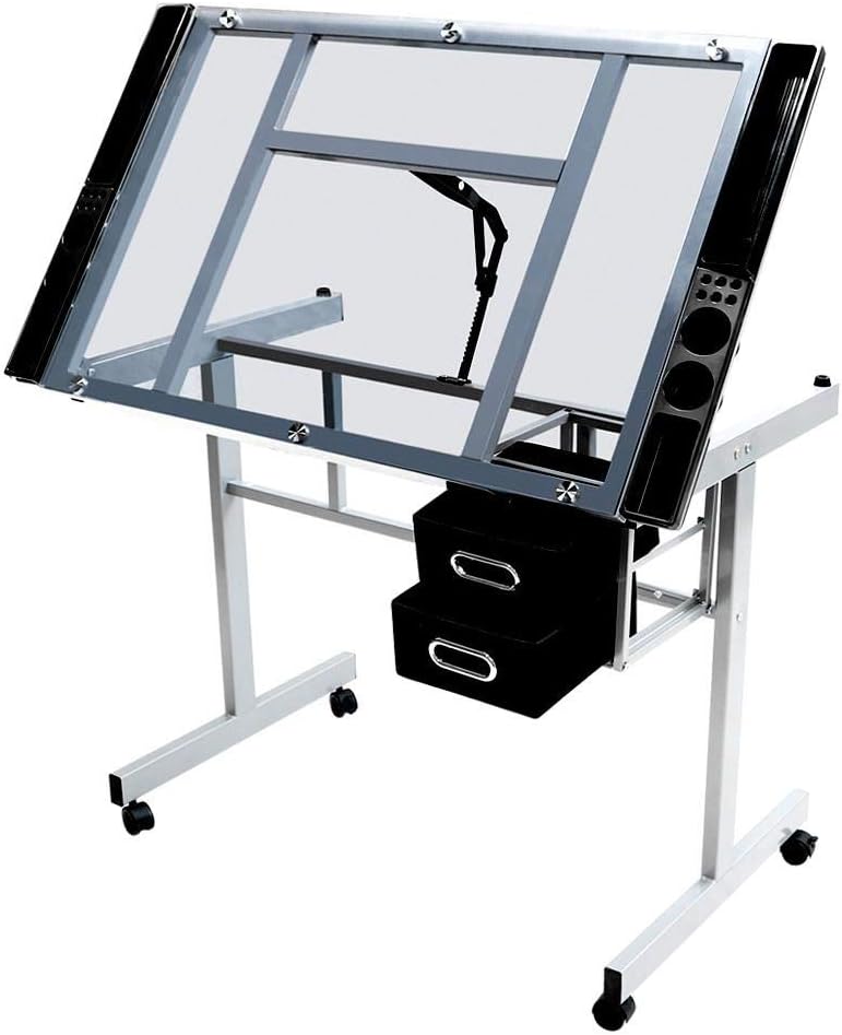 Topeakmart Glass Drafting Table Rolling Drawing Desk Artists Art Craft Desk w...
