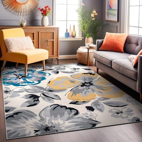 Rugshop Modern Floral Living Room Bedroom Area Rug Cream 5' x 7'