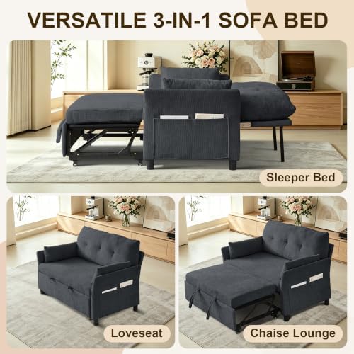 51" Sleeper Sofa Bed with Adjustable Backrest & Side Pockets, Dark Grey
