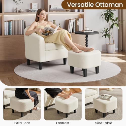 Yaheetech Accent Chairs with Ottoman, Boucle Fabric Barrel Chairs, Ivory