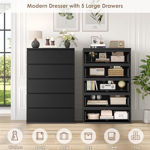 FOTOSOK Black Dresser, Dresser for Bedroom, 5 Drawer Chest of Drawers
