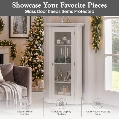 Kings Brand Corner Curio Display Cabinet w/Glass Door & Shelves, White