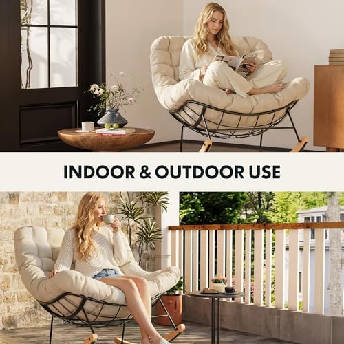FLEXISPOT Outdoor Papasan Rocking Chair with Thick Cushion,Beige