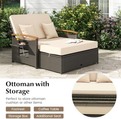 LDAILY Moccha Outdoor Wicker Daybed, Patio Rattan Loveseat Sofa w/ 4-Level Ad...