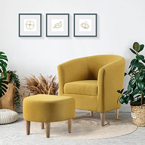 DAZONE Accent Chair with Ottoman, Modern Barrel Armchair Mustard Yellow