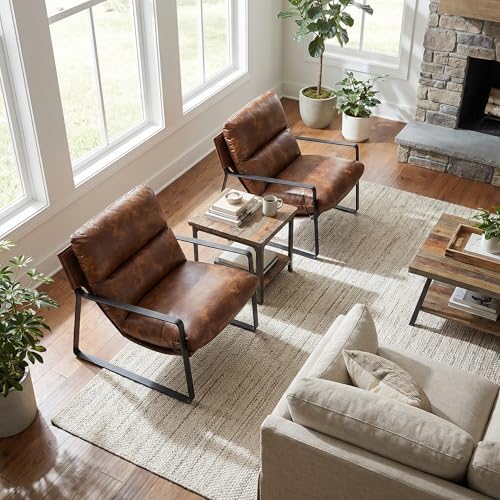 LukeAlon Set of 2 Modern PU Leather Accent Armchair, Retro Brown