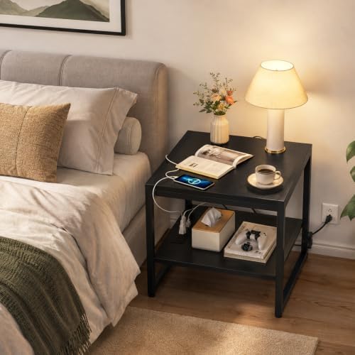 Homieasy End Table with Charging Station, 20" Mini Fridge Stand, Black