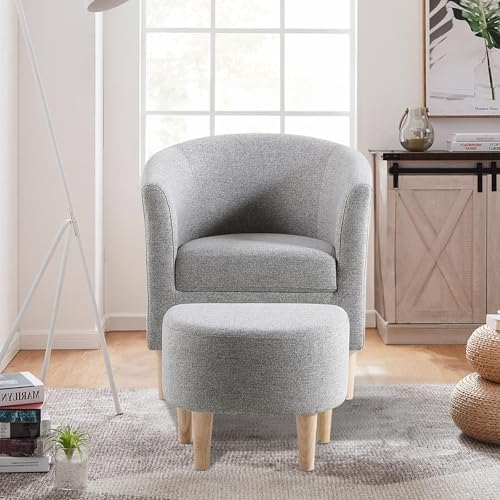 DAZONE Accent Chair with Ottoman, Mid Century Modern Barrel Comfy Fabric Armc...