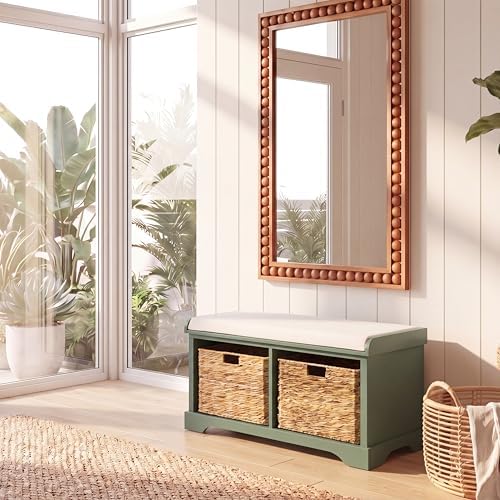 SAFAVIEH Furniture - Freddy 2-Basket Storage Bench - Dusty Green - Solid Wood...