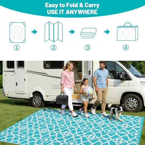 HEBE Waterproof Outdoor Rug 9'x12', Geometric Reversible Plastic Pati...