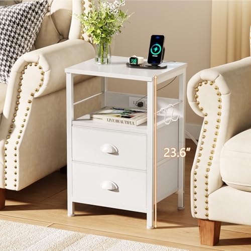 Furologee End Table with Charging Station, Nightstand with Fabric Drawers, Si...