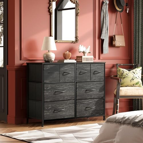 WLIVE Wide Dresser for Bedroom, 8 Drawer Chest of Drawers, Black Wood Grain