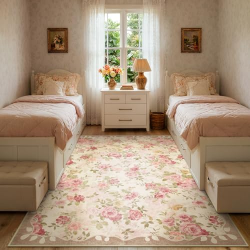 Lahome Floral Washable Rugs 5x7,Pink Vintage Rugs for Bedroom Girls