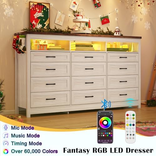 Hlivelood Farmhouse 12 Drawer Dresser with LED Lights, 71" Wide Large Ch...