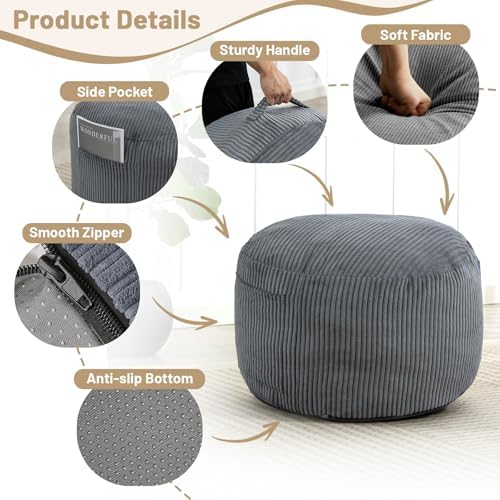 Round Stuffed Pouf Ottoman (Gray, 26" D x 26" W x 18" H)