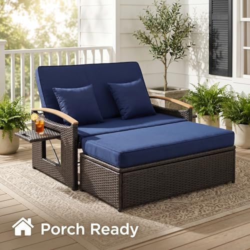 Outdoor Patio Rattan Daybed, Navy Blue/Rustic Brown