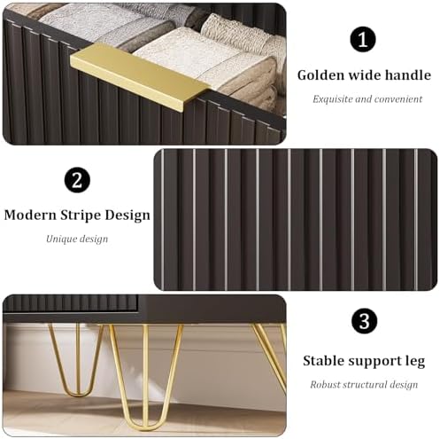 Black 3 Drawer Dresser for Bedroom, Fluted Dresser with Gold metal Handles