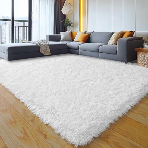 8x10 Large Area Rugs for Living Room, White Fluffy Shag Rug